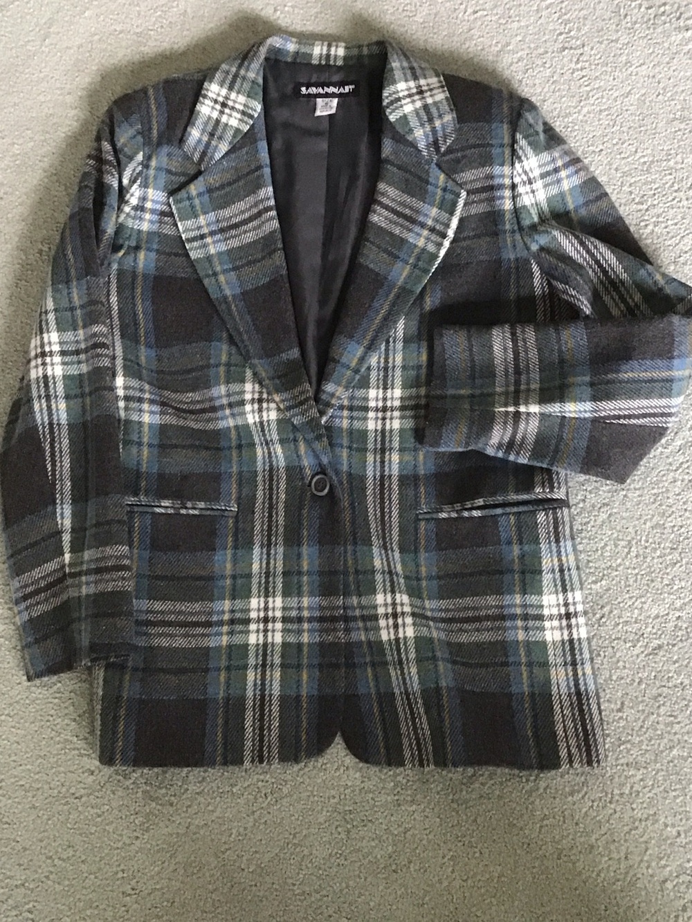 Savannah Plaid Single-Button Blazer in Blue and Gray